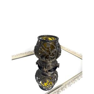 Vintage Ornate Design Shadow Candle Holder and Amber Votive, Faux Metal